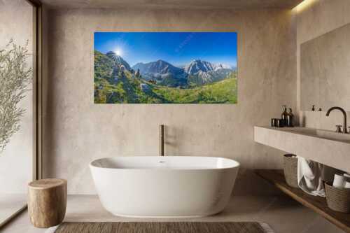 Bergschafe am Sunntiger bei Sonnenaufgang mit Blick zur Speckkar- und Lafatscherspitzen - Neugierige Bergschaferl - Größe ca. 180x90cm, Seitenverhältnis 2:1 - Schafe am Suntiger im Karwendel - weitere Infos unter https://www.kriner-weiermann.de
