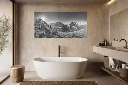 Bergschafe am Sunntiger bei Sonnenaufgang mit Blick zur Speckkar- und Lafatscherspitzen - Neugierige Bergschaferl - Größe ca. 180x90cm, Seitenverhältnis 2:1 - Schafe am Suntiger im Karwendel - weitere Infos unter https://www.kriner-weiermann.de