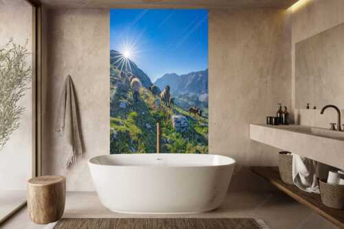 Bergschafe am Sunntiger bei Sonnenaufgang mit Blick zur Speckkar- und Lafatscherspitzen - Neugierige Bergschaferl - Größe ca. 160x240cm, Seitenverhältnis 2:3 - Schafe am Suntiger im Karwendel - weitere Infos unter https://www.kriner-weiermann.de