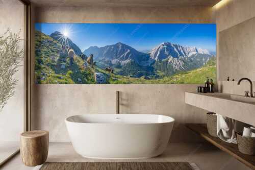 Bergschafe am Sunntiger bei Sonnenaufgang mit Blick zur Speckkar- und Lafatscherspitzen - Neugierige Bergschaferl - Größe ca. 300x100cm, Seitenverhältnis 3:1 - Schafe am Suntiger im Karwendel - weitere Infos unter https://www.kriner-weiermann.de