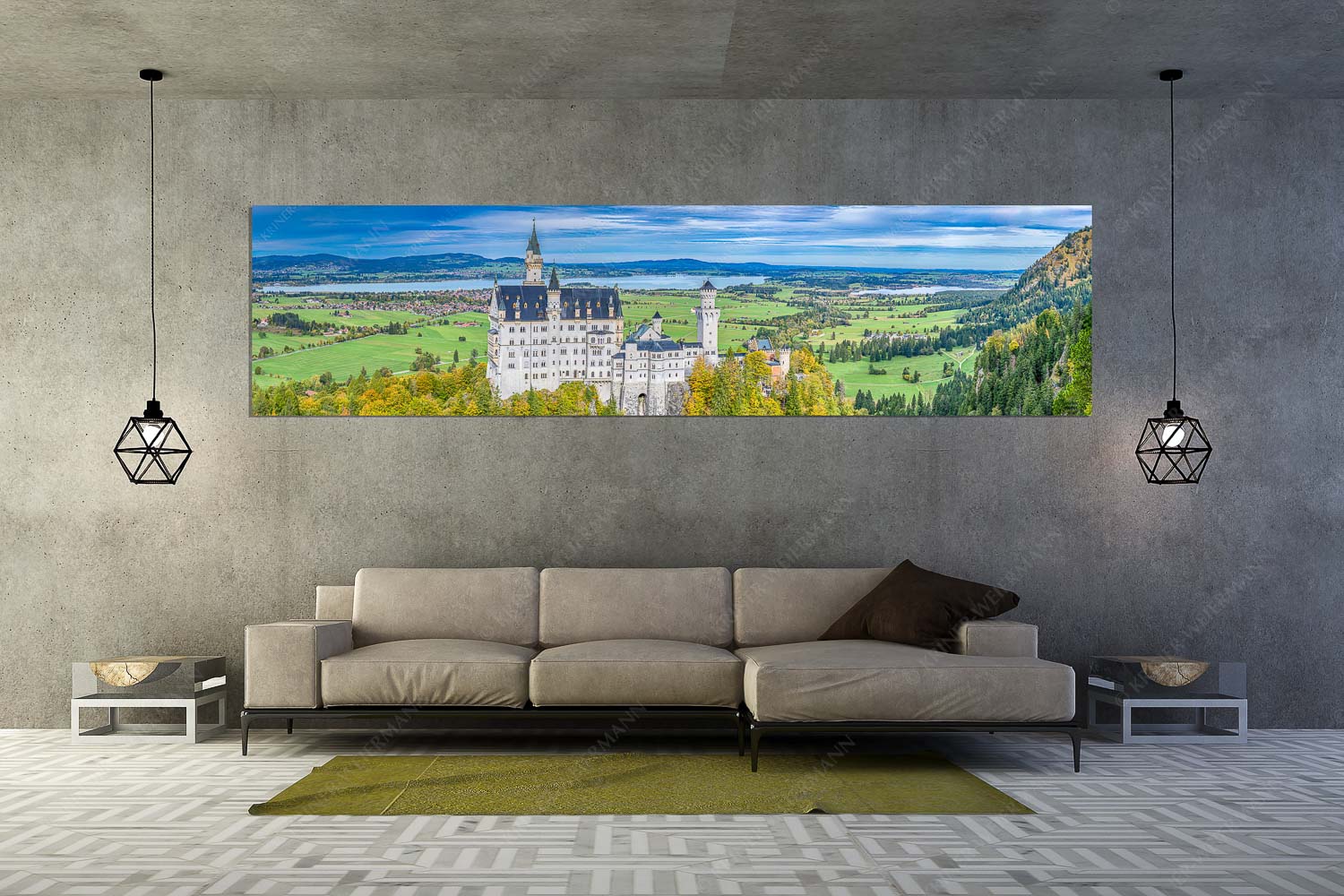 Neuschwanstein im Herbstkleid – Größe ca. 320x80cm, Seitenverhältnis 4:1 — Schloss Neuschwanstein mit Forggensee Schloss Neuschwanstein mit Forggensee und Bannwaldsee im Hintergrund - Neuschwanstein im Herbstkleid - Größe ca. 320x80cm, Seitenverhältnis 4:1 - Schloss Neuschwanstein mit Forggensee - weitere Infos unter https://www.kriner-weiermann.de