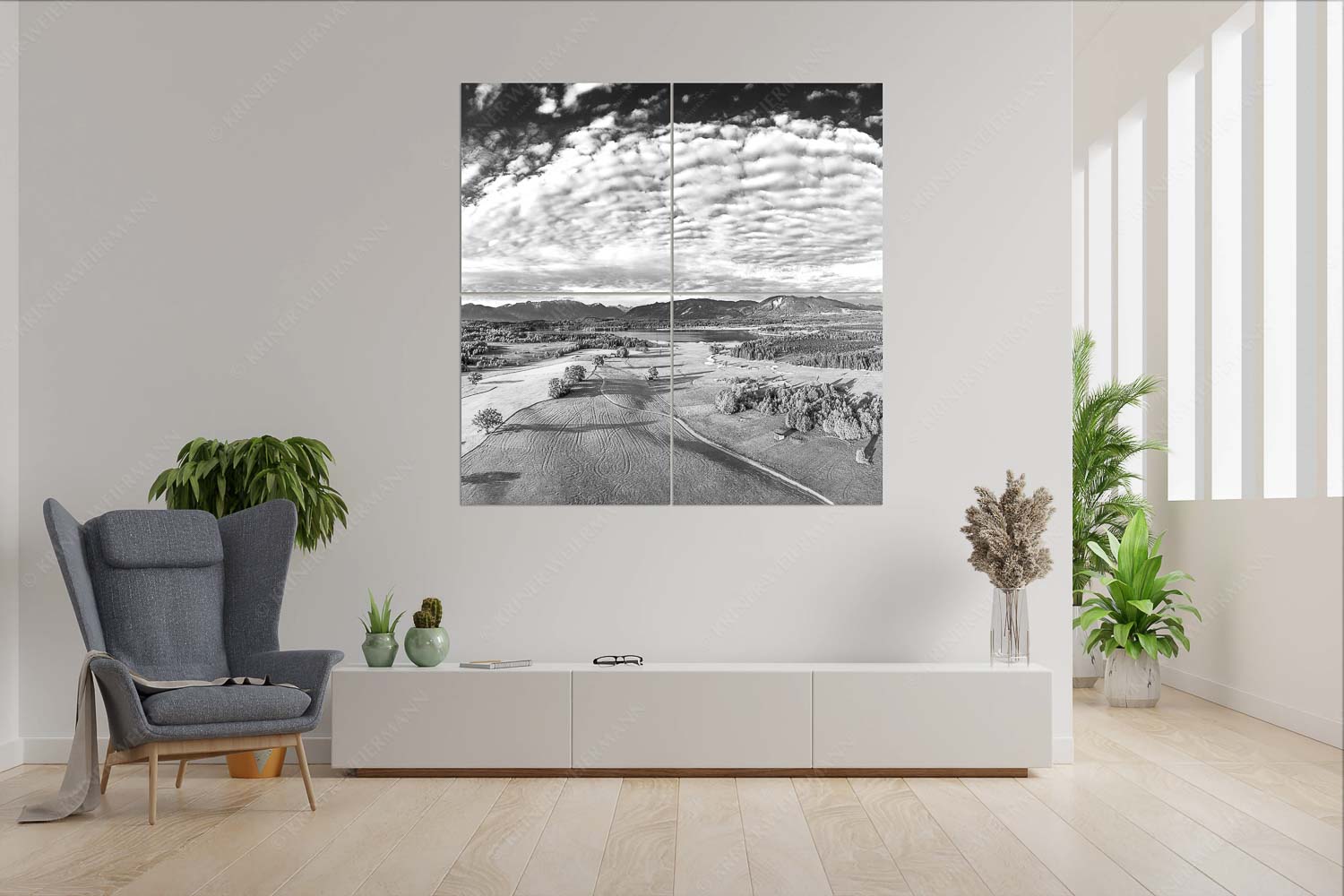 Obersee – 4er Split, Größe ca. 180x180cm, Seitenverhältnis 1: — Staffelsee Blick über den Staffelsee zum Estergebirge und den Ammergebirge - Obersee - 4er Split, Größe ca. 180x180cm, Seitenverhältnis 1: - Staffelsee - weitere Infos unter https://www.kriner-weiermann.de