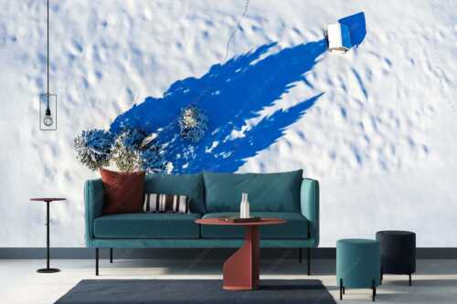 Blick auf eine Baumgruppe und Heustadel in Krün von Oben - Perspektive - Größe ca. 400x200cm, Seitenverhältnis 2:1 - Lange Schatten im Schnee - weitere Infos unter https://www.kriner-weiermann.de