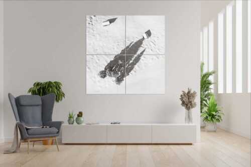 Blick auf eine Baumgruppe und Heustadel in Krün von Oben - Perspektive - 4er Split, Größe ca. 180x180cm, Seitenverhältnis 1:1 - Lange Schatten im Schnee - weitere Infos unter https://www.kriner-weiermann.de