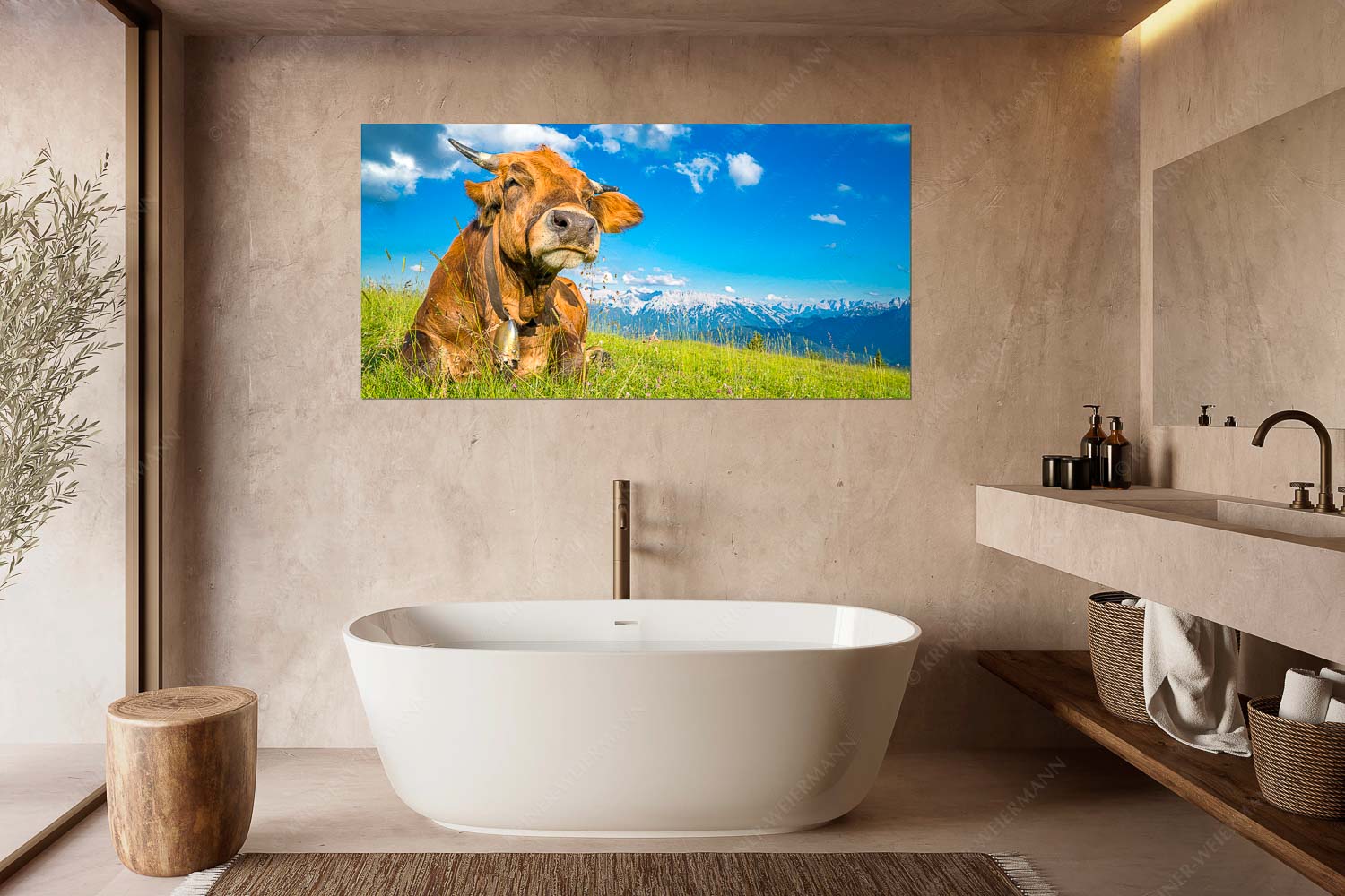 Reine Genusssache – Größe ca. 180x90cm, Seitenverhältnis 2:1 — Murnau-Werdenfelser Rind Murnau Werdenfelser Jungvieh genießt die Abendsonne im Estergebirge - Reine Genusssache - Größe ca. 180x90cm, Seitenverhältnis 2:1 - Murnau-Werdenfelser Rind - weitere Infos unter https://www.kriner-weiermann.de