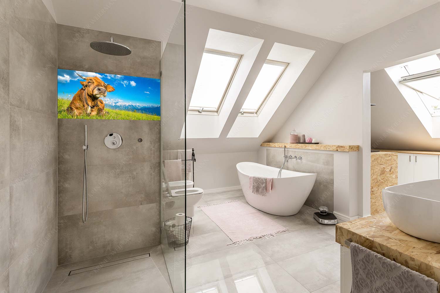 Reine Genusssache – Größe ca. 100x50cm, Seitenverhältnis 2:1 — Murnau-Werdenfelser Rind Murnau Werdenfelser Jungvieh genießt die Abendsonne im Estergebirge - Reine Genusssache - Größe ca. 100x50cm, Seitenverhältnis 2:1 - Murnau-Werdenfelser Rind - weitere Infos unter https://www.kriner-weiermann.de