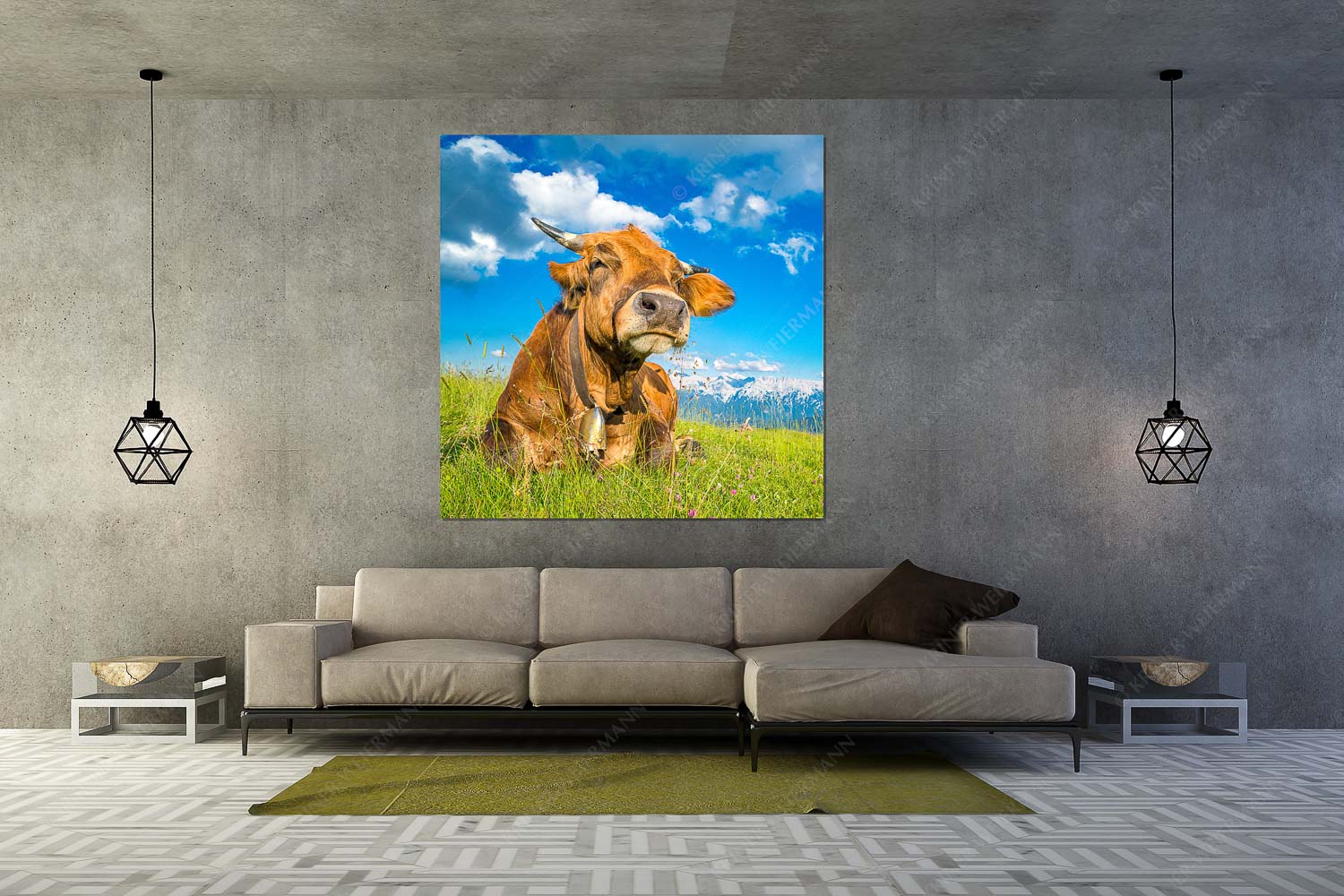 Reine Genusssache – Größe ca. 160x160cm, Seitenverhältnis 1:1 — Murnau-Werdenfelser Rind Murnau Werdenfelser Jungvieh genießt die Abendsonne im Estergebirge - Reine Genusssache - Größe ca. 160x160cm, Seitenverhältnis 1:1 - Murnau-Werdenfelser Rind - weitere Infos unter https://www.kriner-weiermann.de