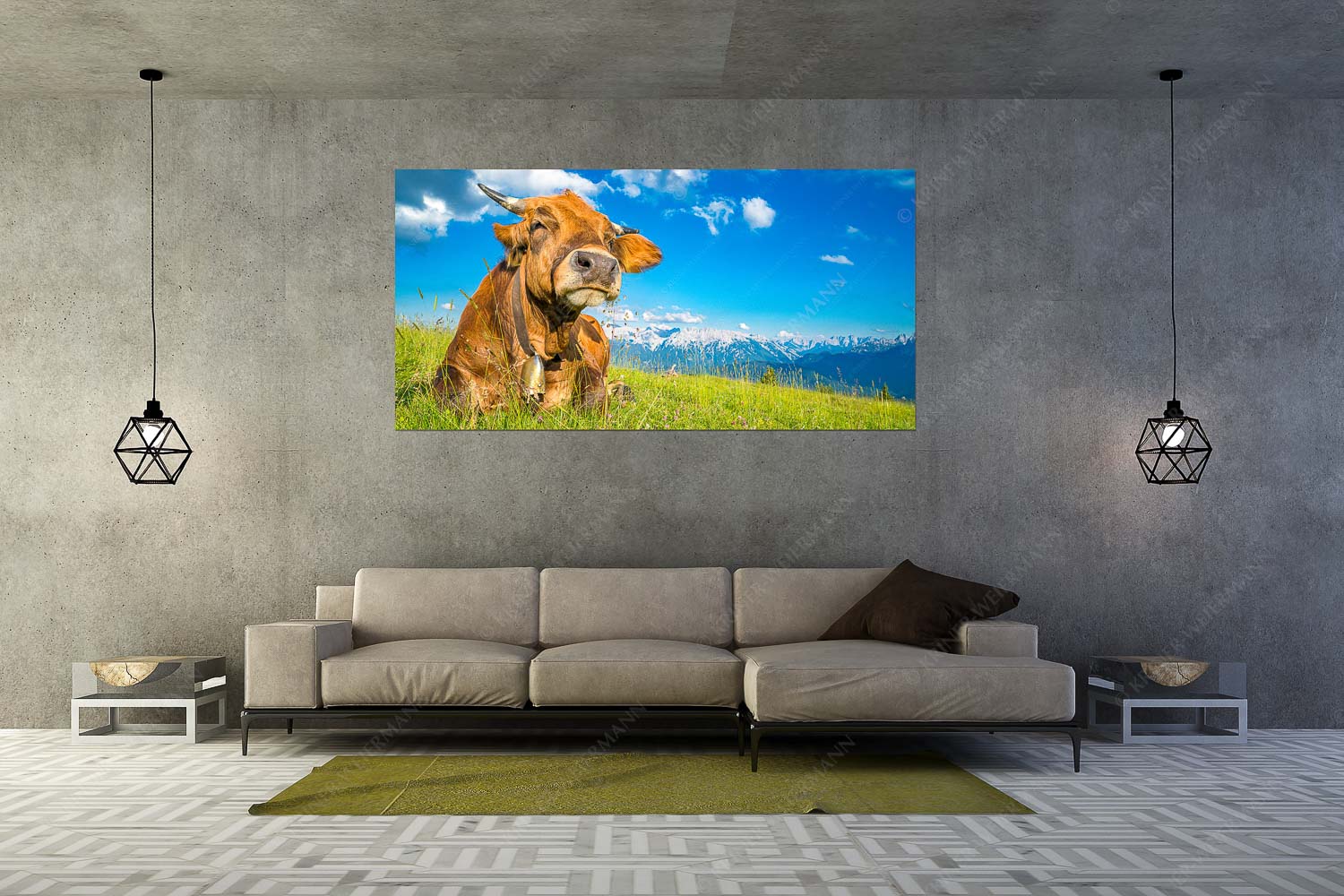 Reine Genusssache – Größe ca. 200x100cm, Seitenverhältnis 2:1 — Murnau-Werdenfelser Rind Murnau Werdenfelser Jungvieh genießt die Abendsonne im Estergebirge - Reine Genusssache - Größe ca. 200x100cm, Seitenverhältnis 2:1 - Murnau-Werdenfelser Rind - weitere Infos unter https://www.kriner-weiermann.de