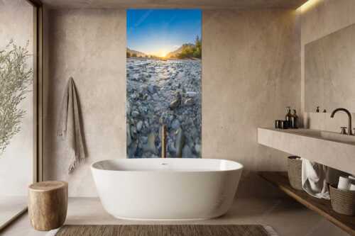 Blick über das Flussbett der Isar in den Sonnenaufgang am Karwendel - Rolling Stones - Größe ca. 100x200cm, Seitenverhältnis 1:2 - Isar Flussbett - weitere Infos unter https://www.kriner-weiermann.de