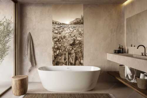 Blick über das Flussbett der Isar in den Sonnenaufgang am Karwendel - Rolling Stones - Größe ca. 100x200cm, Seitenverhältnis 1:2 - Isar Flussbett - weitere Infos unter https://www.kriner-weiermann.de