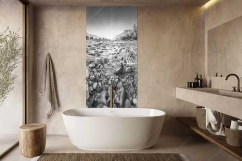 Blick über das Flussbett der Isar in den Sonnenaufgang am Karwendel - Rolling Stones - Größe ca. 100x200cm, Seitenverhältnis 1:2 - Isar Flussbett - weitere Infos unter https://www.kriner-weiermann.de