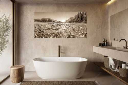 Blick über das Flussbett der Isar in den Sonnenaufgang am Karwendel - Rolling Stones - Größe ca. 180x90cm, Seitenverhältnis 2:1 - Isar Flussbett - weitere Infos unter https://www.kriner-weiermann.de