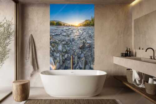 Blick über das Flussbett der Isar in den Sonnenaufgang am Karwendel - Rolling Stones - Größe ca. 160x240cm, Seitenverhältnis 2:3 - Isar Flussbett - weitere Infos unter https://www.kriner-weiermann.de