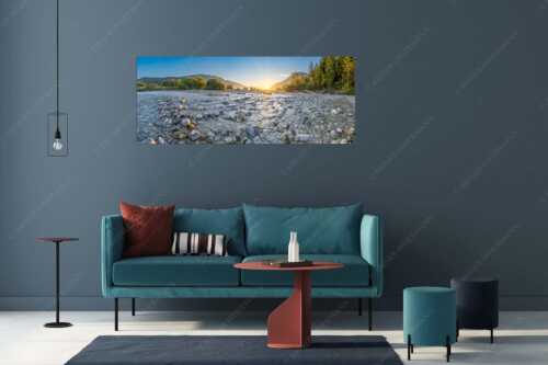 Blick über das Flussbett der Isar in den Sonnenaufgang am Karwendel - Rolling Stones - Größe ca. 175x70cm, Seitenverhältnis 2,5:1 - Isar Flussbett - weitere Infos unter https://www.kriner-weiermann.de
