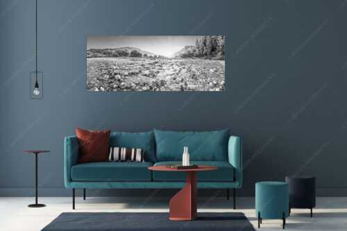 Blick über das Flussbett der Isar in den Sonnenaufgang am Karwendel - Rolling Stones - Größe ca. 175x70cm, Seitenverhältnis 2,5:1 - Isar Flussbett - weitere Infos unter https://www.kriner-weiermann.de