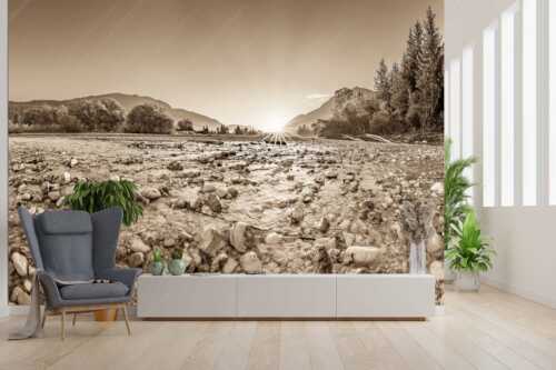 Blick über das Flussbett der Isar in den Sonnenaufgang am Karwendel - Rolling Stones - Größe ca. 300x200cm, Seitenverhältnis 3:2 - Isar Flussbett - weitere Infos unter https://www.kriner-weiermann.de