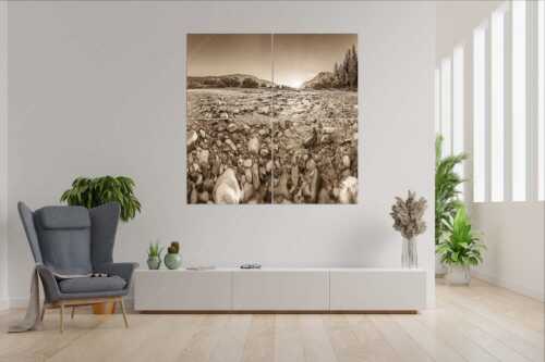 Blick über das Flussbett der Isar in den Sonnenaufgang am Karwendel - Rolling Stones - 4er Split, Größe ca. 180x180cm, Seitenverhältnis 1:1 - Isar Flussbett - weitere Infos unter https://www.kriner-weiermann.de