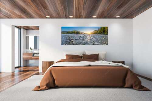 Blick über das Flussbett der Isar in den Sonnenaufgang am Karwendel - Rolling Stones - Größe ca. 200x80cm, Seitenverhältnis 2,5:1 - Isar Flussbett - weitere Infos unter https://www.kriner-weiermann.de