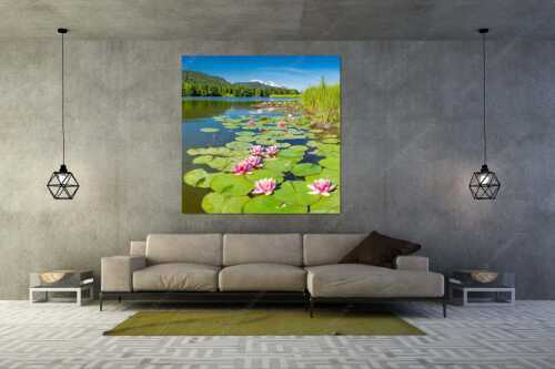 Seerosen am Geroldsee mit Blick zur Alpspitze, Zugspitze und Waxenstein - Rosenteppich - Größe ca. 160x160cm, Seitenverhältnis 1:1 - Seerosen am Geroldsee - weitere Infos unter https://www.kriner-weiermann.de