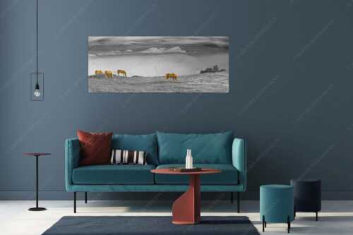 Haflinger Pferde auf der Sommerweide am Wank mit Wettersteingebirge im Hintergrund - Roßwank II - Größe ca. 175x70cm, Seitenverhältnis 2,5:1 - Haflinger Pferde am Wank - weitere Infos unter https://www.kriner-weiermann.de