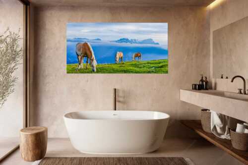 Haflinger Pferde auf der Sommerweide am Wank im Estergebirge mit Zugspitze im Hintergrund - Roßwank - Größe ca. 180x90cm, Seitenverhältnis 2:1 - Pferde im Estergebirge - weitere Infos unter https://www.kriner-weiermann.de