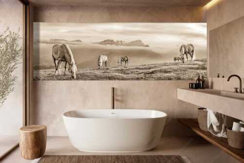 Haflinger Pferde auf der Sommerweide am Wank im Estergebirge mit Zugspitze im Hintergrund - Roßwank - Größe ca. 300x100cm, Seitenverhältnis 3:1 - Pferde im Estergebirge - weitere Infos unter https://www.kriner-weiermann.de