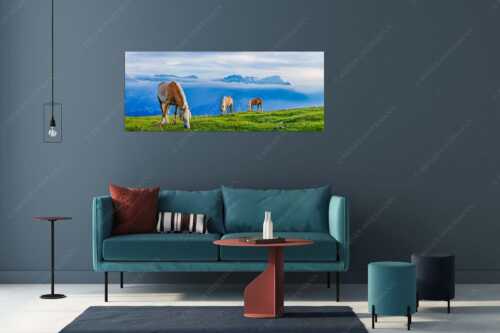 Haflinger Pferde auf der Sommerweide am Wank im Estergebirge mit Zugspitze im Hintergrund - Roßwank - Größe ca. 175x70cm, Seitenverhältnis 2,5:1 - Pferde im Estergebirge - weitere Infos unter https://www.kriner-weiermann.de