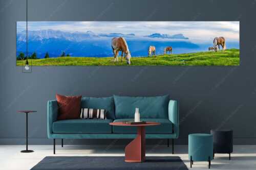 Haflinger Pferde auf der Sommerweide am Wank im Estergebirge mit Zugspitze im Hintergrund - Roßwank - Größe ca. 350x70cm, Seitenverhältnis 5:1 - Pferde im Estergebirge - weitere Infos unter https://www.kriner-weiermann.de