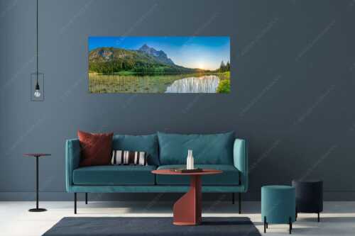 Sonnenuntergang am Ferchensee mit Blick zu den Wettersteinspitzen - Ruhige Momente - Größe ca. 175x70cm, Seitenverhältnis 2,5:1 - Ferchensee mit Wetterstein - weitere Infos unter https://www.kriner-weiermann.de