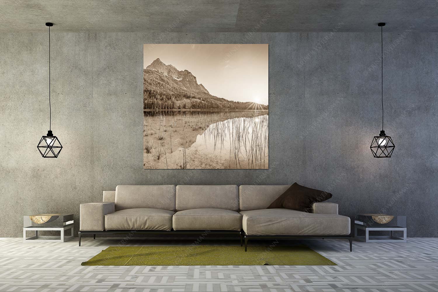 Sonnenuntergang am Ferchensee mit Blick zu den Wettersteinspitzen - Ruhige Momente - Größe ca. 160x160cm, Seitenverhältnis 1:1 - Ferchensee mit Wetterstein - weitere Infos unter https://www.kriner-weiermann.de