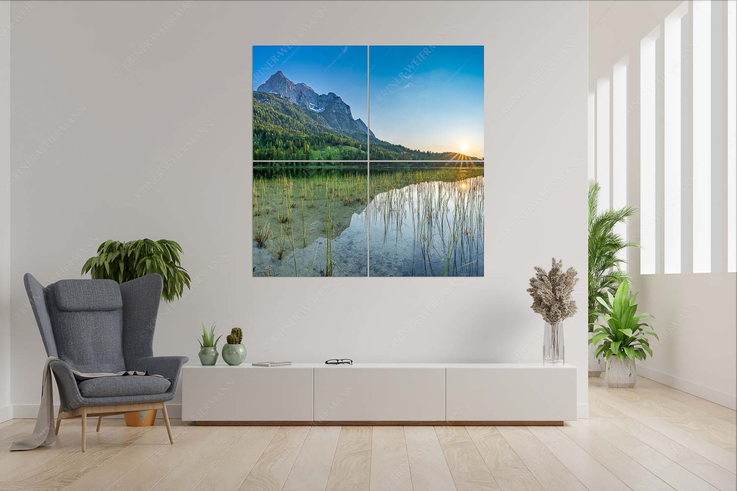 Sonnenuntergang am Ferchensee mit Blick zu den Wettersteinspitzen - Ruhige Momente - 4er Split, Größe ca. 180x180cm, Seitenverhältnis 1:1 - Ferchensee mit Wetterstein - weitere Infos unter https://www.kriner-weiermann.de