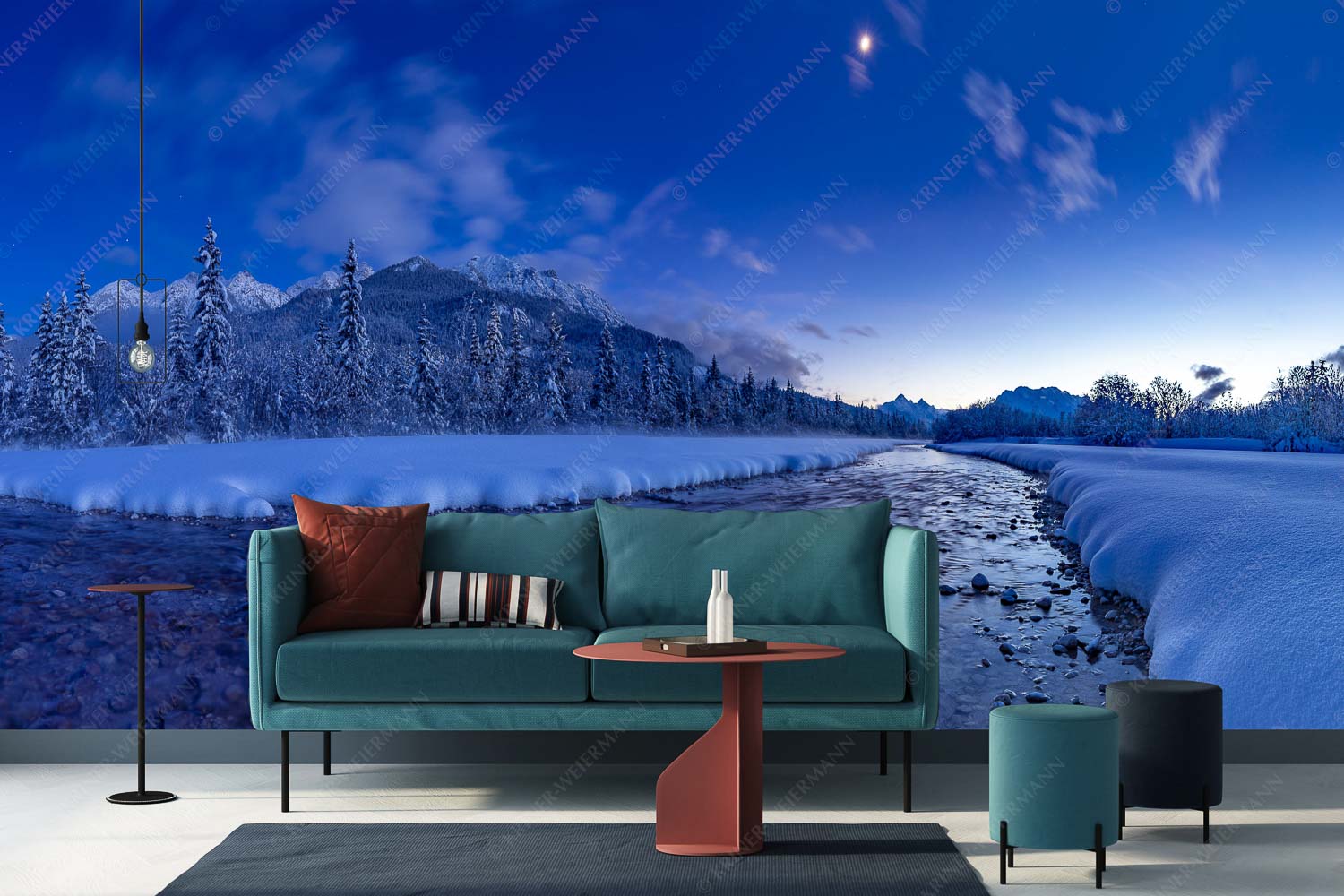 Sau kalt – Größe ca. 400x200cm, Seitenverhältnis 2:1 — Isar Winterabend Isar bei Wallgau mit Blick zum Soierngebirge und den Arnspitzen - Sau kalt - Größe ca. 400x200cm, Seitenverhältnis 2:1 - Isar Winterabend - weitere Infos unter https://www.kriner-weiermann.de