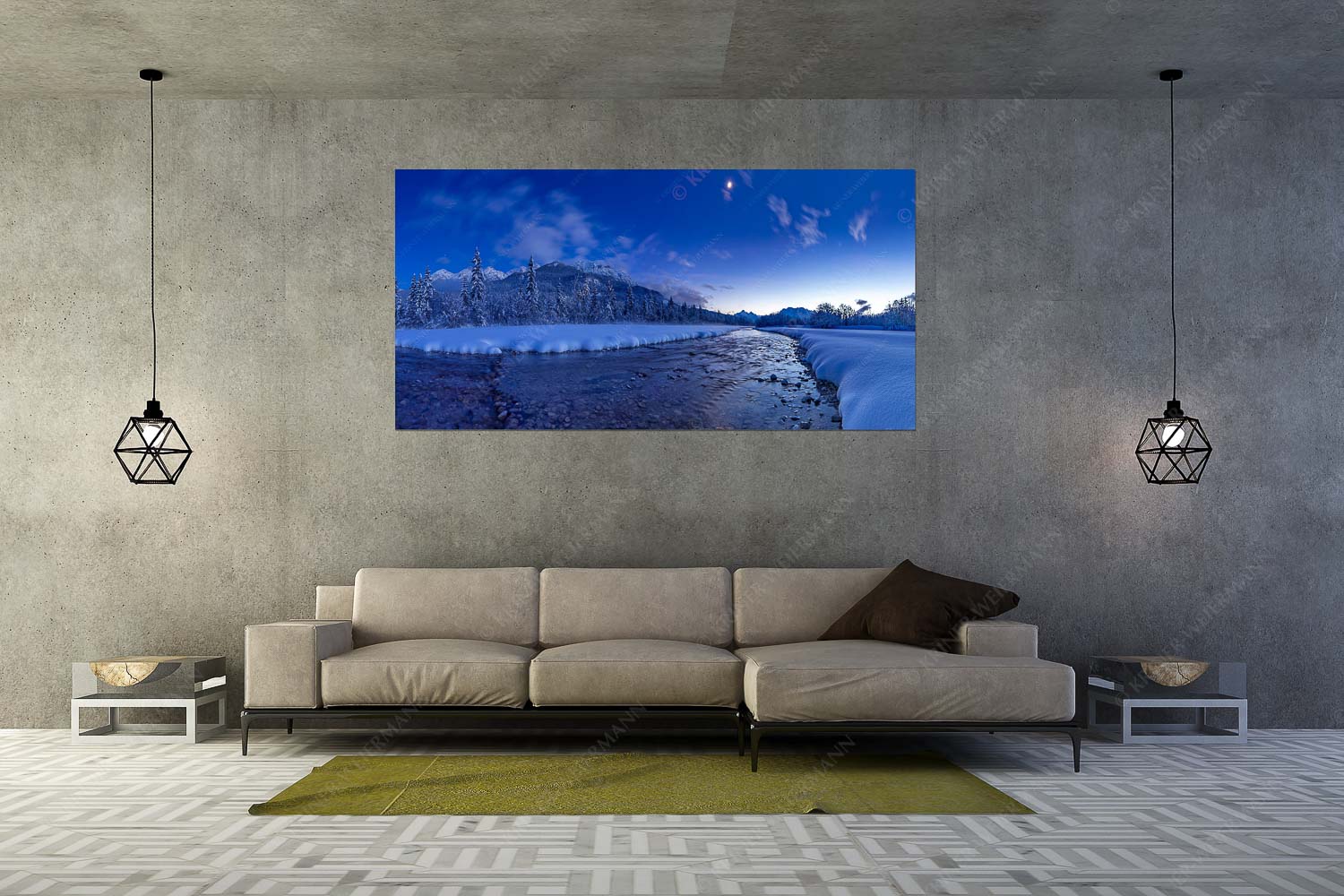 Sau kalt – Größe ca. 200x100cm, Seitenverhältnis 2:1 — Isar Winterabend Isar bei Wallgau mit Blick zum Soierngebirge und den Arnspitzen - Sau kalt - Größe ca. 200x100cm, Seitenverhältnis 2:1 - Isar Winterabend - weitere Infos unter https://www.kriner-weiermann.de