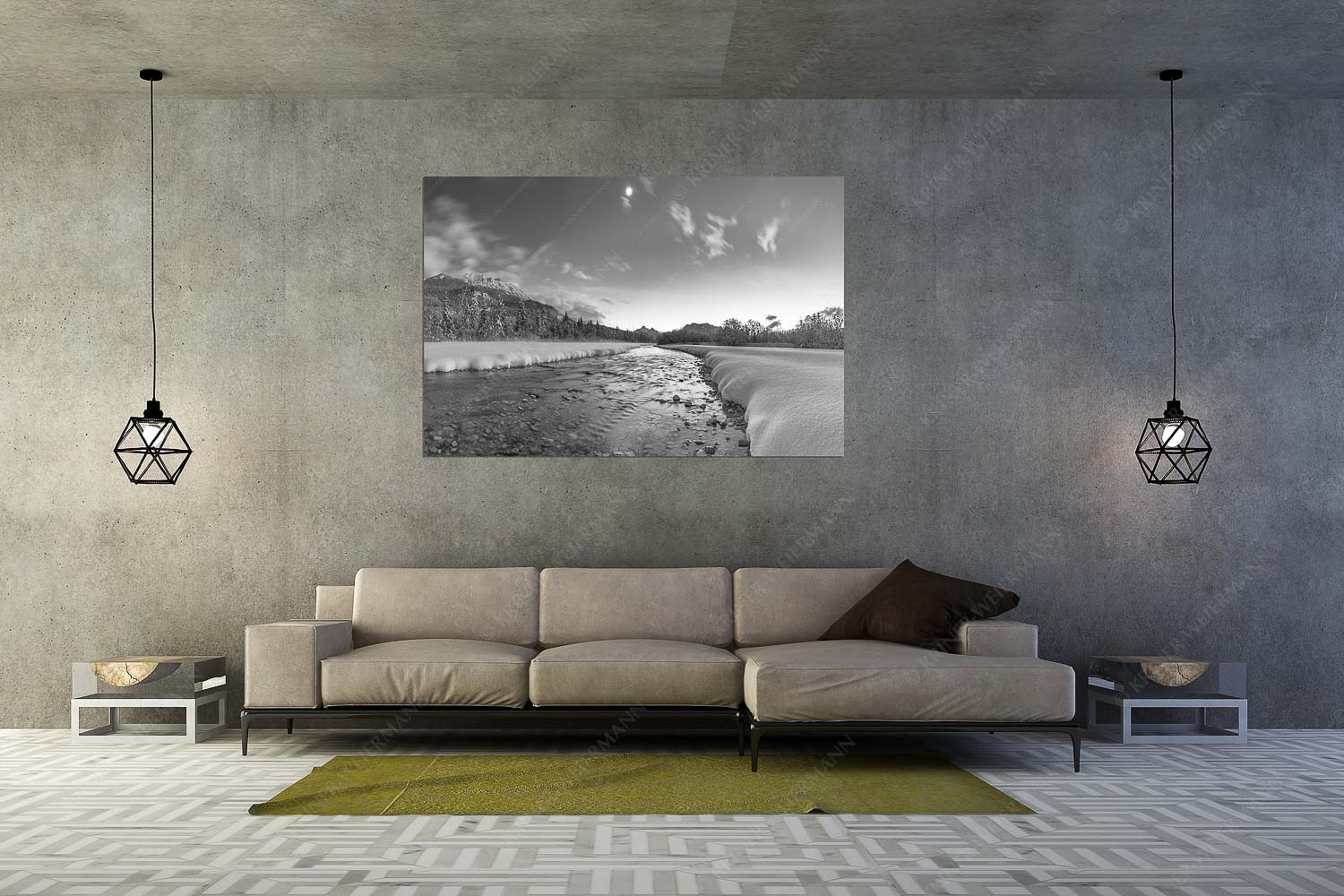 Sau kalt – Größe ca. 180x120cm, Seitenverhältnis 3:2 — Isar Winterabend Isar bei Wallgau mit Blick zum Soierngebirge und den Arnspitzen - Sau kalt - Größe ca. 180x120cm, Seitenverhältnis 3:2 - Isar Winterabend - weitere Infos unter https://www.kriner-weiermann.de