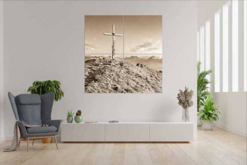 Blick vom Schafreiter ins Karwendelgebirge - Schafreiter Gipfelpanorama - 4er Split, Größe ca. 180x180cm, Seitenverhältnis 1:1 - Schafreuter im Karwendel - weitere Infos unter https://www.kriner-weiermann.de