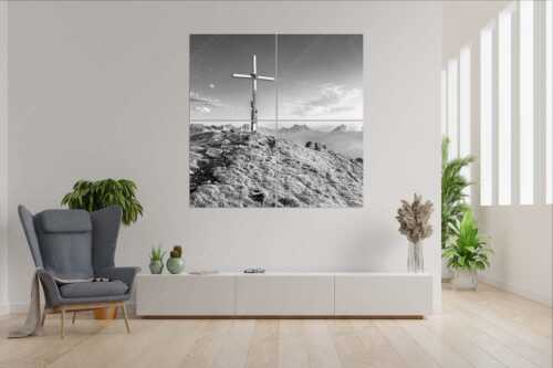 Blick vom Schafreiter ins Karwendelgebirge - Schafreiter Gipfelpanorama - 4er Split, Größe ca. 180x180cm, Seitenverhältnis 1:1 - Schafreuter im Karwendel - weitere Infos unter https://www.kriner-weiermann.de