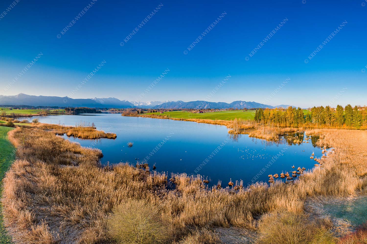 Blick über den Riegsee zum Estergebirge, Wetterstein und Ammergauer Alpen