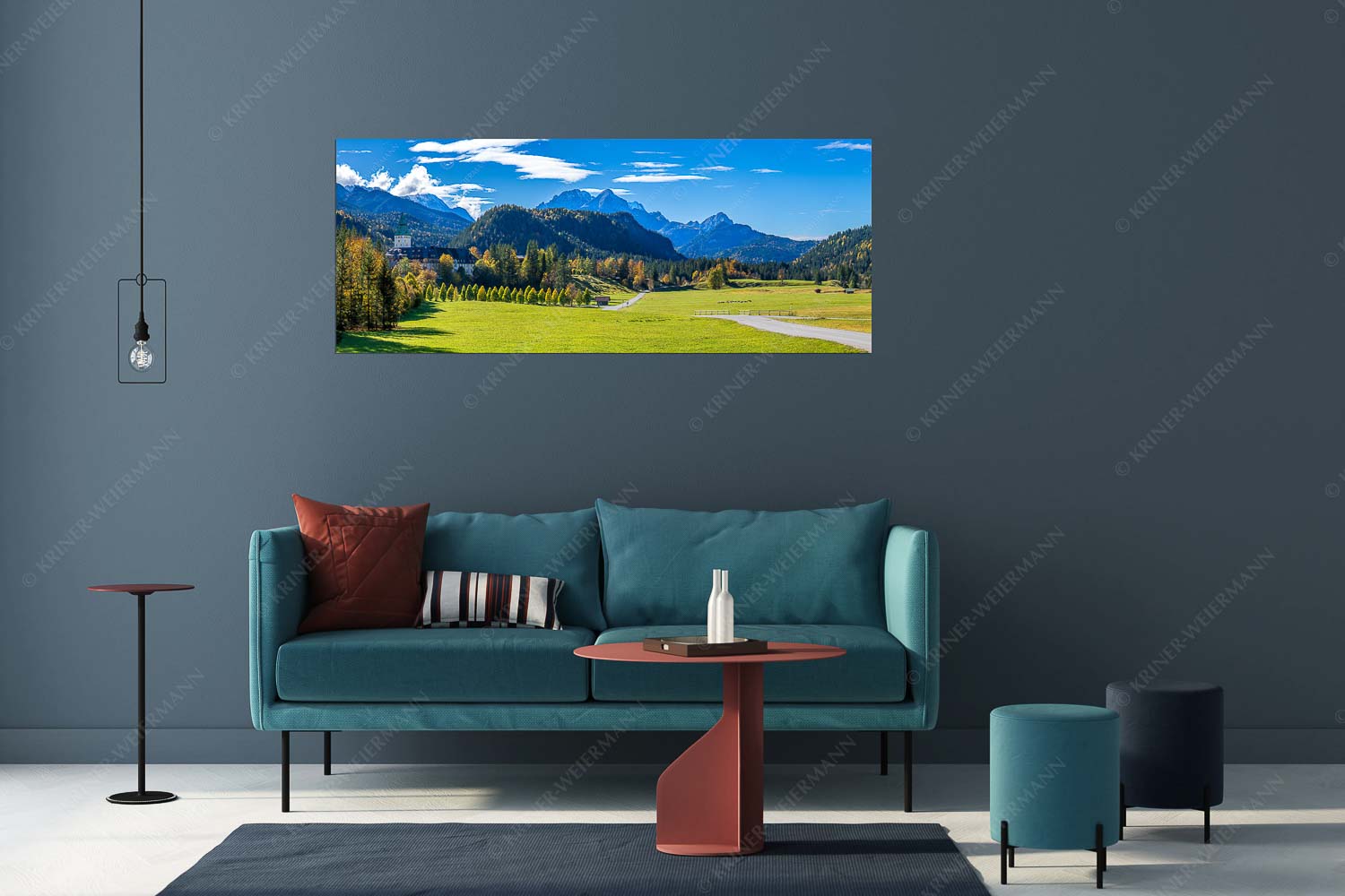 Blick über Schloss Elmau zum Wettersteingebirge mit Hochblassen und Alpspitze - Schlossallee - Größe ca. 175x70cm, Seitenverhältnis 2,5:1 - Schloss Elmau mit Alpspitze - weitere Infos unter https://www.kriner-weiermann.de