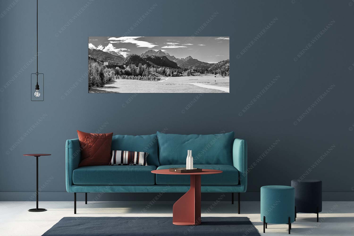 Schlossallee – Größe ca. 175x70cm, Seitenverhältnis 2,5:1 — Schloss Elmau mit Alpspitze Blick über Schloss Elmau zum Wettersteingebirge mit Hochblassen und Alpspitze - Schlossallee - Größe ca. 175x70cm, Seitenverhältnis 2,5:1 - Schloss Elmau mit Alpspitze - weitere Infos unter https://www.kriner-weiermann.de