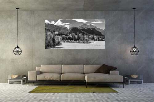 Blick über Schloss Elmau zum Wettersteingebirge mit Hochblassen und Alpspitze - Schlossallee - Größe ca. 200x100cm, Seitenverhältnis 2:1 - Schloss Elmau mit Alpspitze - weitere Infos unter https://www.kriner-weiermann.de