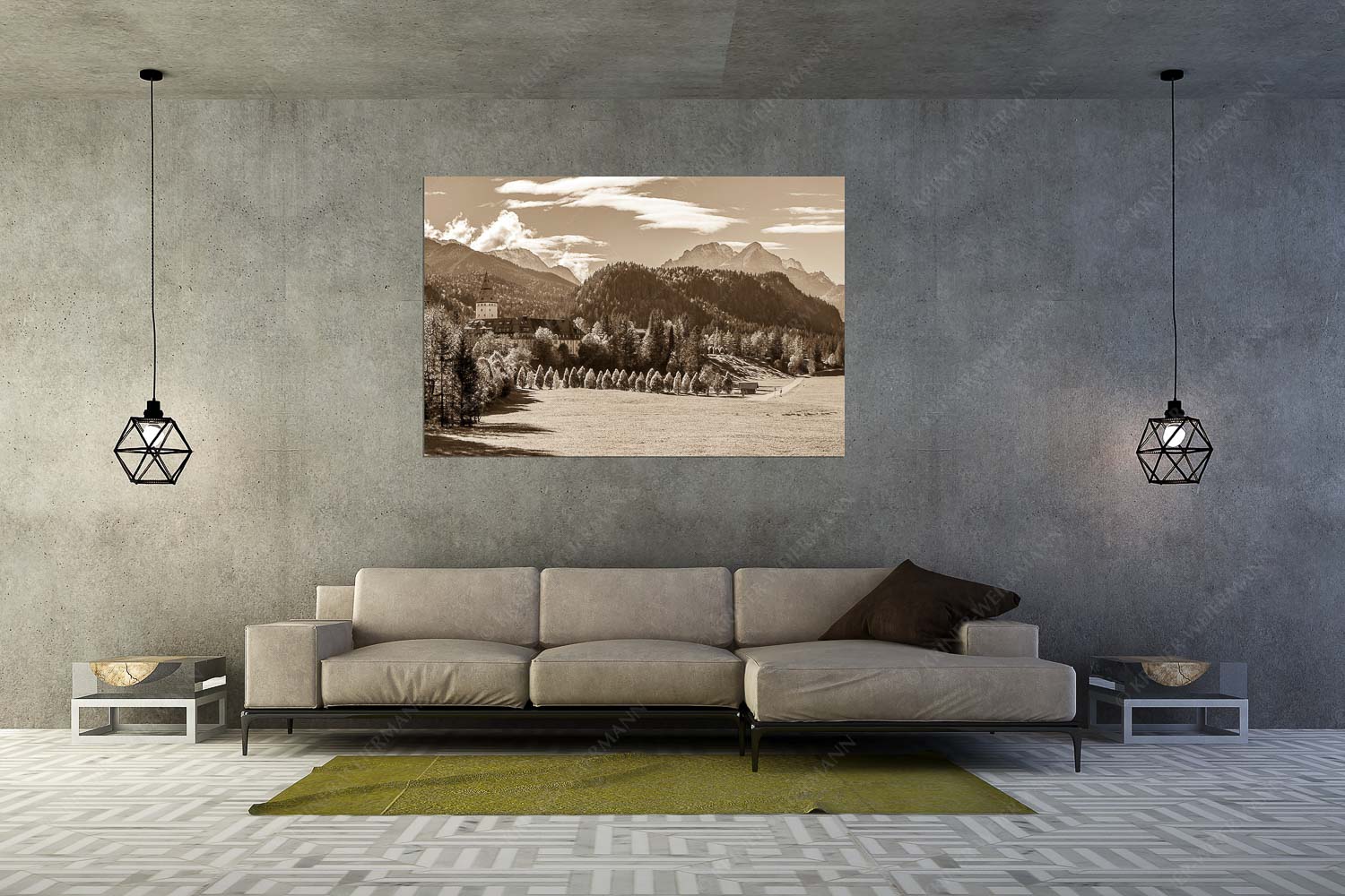 Schlossallee – Größe ca. 180x120cm, Seitenverhältnis 3:2 — Schloss Elmau mit Alpspitze Blick über Schloss Elmau zum Wettersteingebirge mit Hochblassen und Alpspitze - Schlossallee - Größe ca. 180x120cm, Seitenverhältnis 3:2 - Schloss Elmau mit Alpspitze - weitere Infos unter https://www.kriner-weiermann.de
