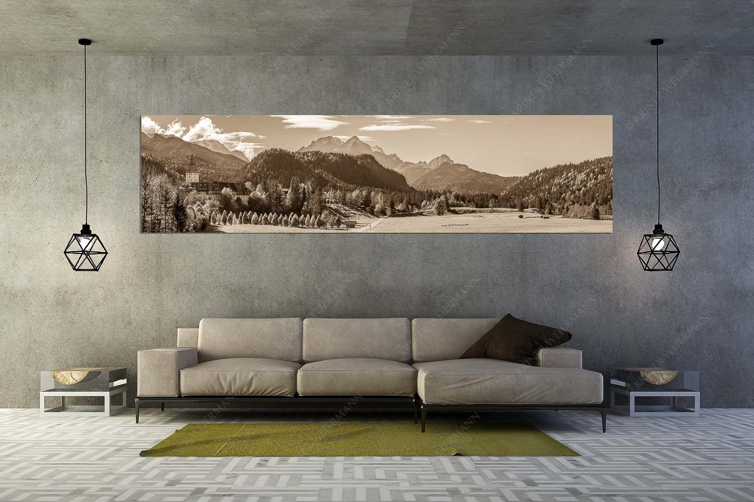Blick über Schloss Elmau zum Wettersteingebirge mit Hochblassen und Alpspitze - Schlossallee - Größe ca. 320x80cm, Seitenverhältnis 4:1 - Schloss Elmau mit Alpspitze - weitere Infos unter https://www.kriner-weiermann.de