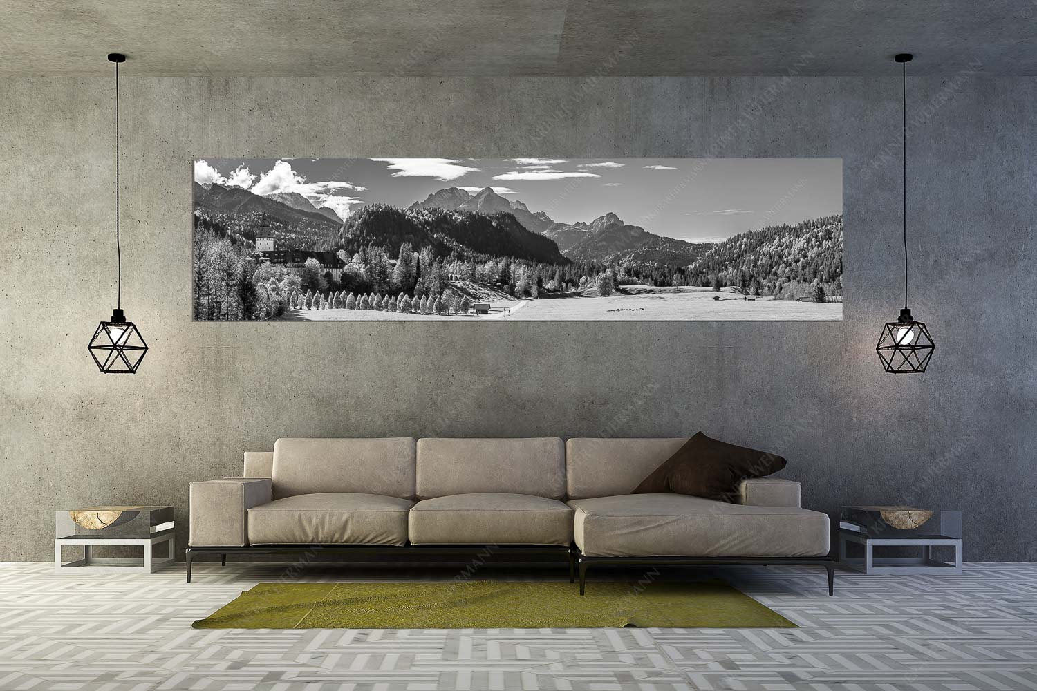 Schlossallee – Größe ca. 320x80cm, Seitenverhältnis 4:1 — Schloss Elmau mit Alpspitze Blick über Schloss Elmau zum Wettersteingebirge mit Hochblassen und Alpspitze - Schlossallee - Größe ca. 320x80cm, Seitenverhältnis 4:1 - Schloss Elmau mit Alpspitze - weitere Infos unter https://www.kriner-weiermann.de