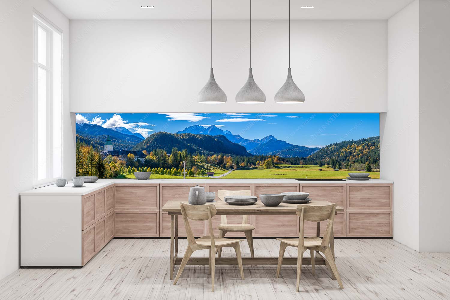 Blick über Schloss Elmau zum Wettersteingebirge mit Hochblassen und Alpspitze - Schlossallee - Größe ca. 400x100cm, Seitenverhältnis 4:1 - Schloss Elmau mit Alpspitze - weitere Infos unter https://www.kriner-weiermann.de