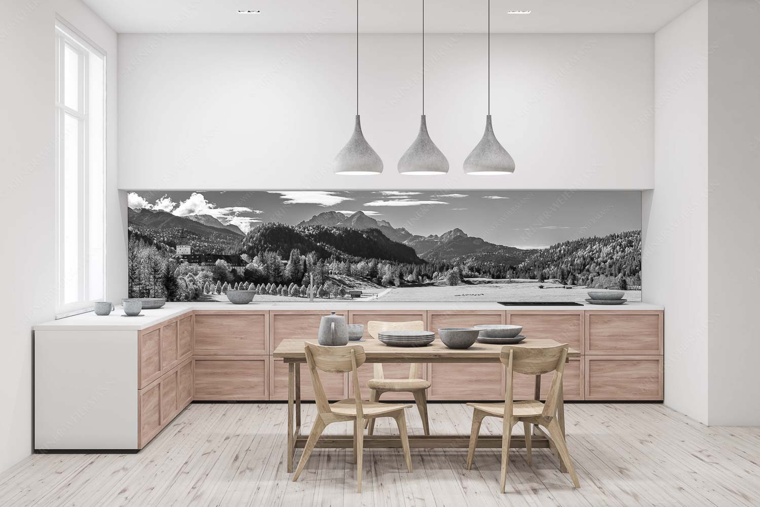 Schlossallee – Größe ca. 400x100cm, Seitenverhältnis 4:1 — Schloss Elmau mit Alpspitze Blick über Schloss Elmau zum Wettersteingebirge mit Hochblassen und Alpspitze - Schlossallee - Größe ca. 400x100cm, Seitenverhältnis 4:1 - Schloss Elmau mit Alpspitze - weitere Infos unter https://www.kriner-weiermann.de