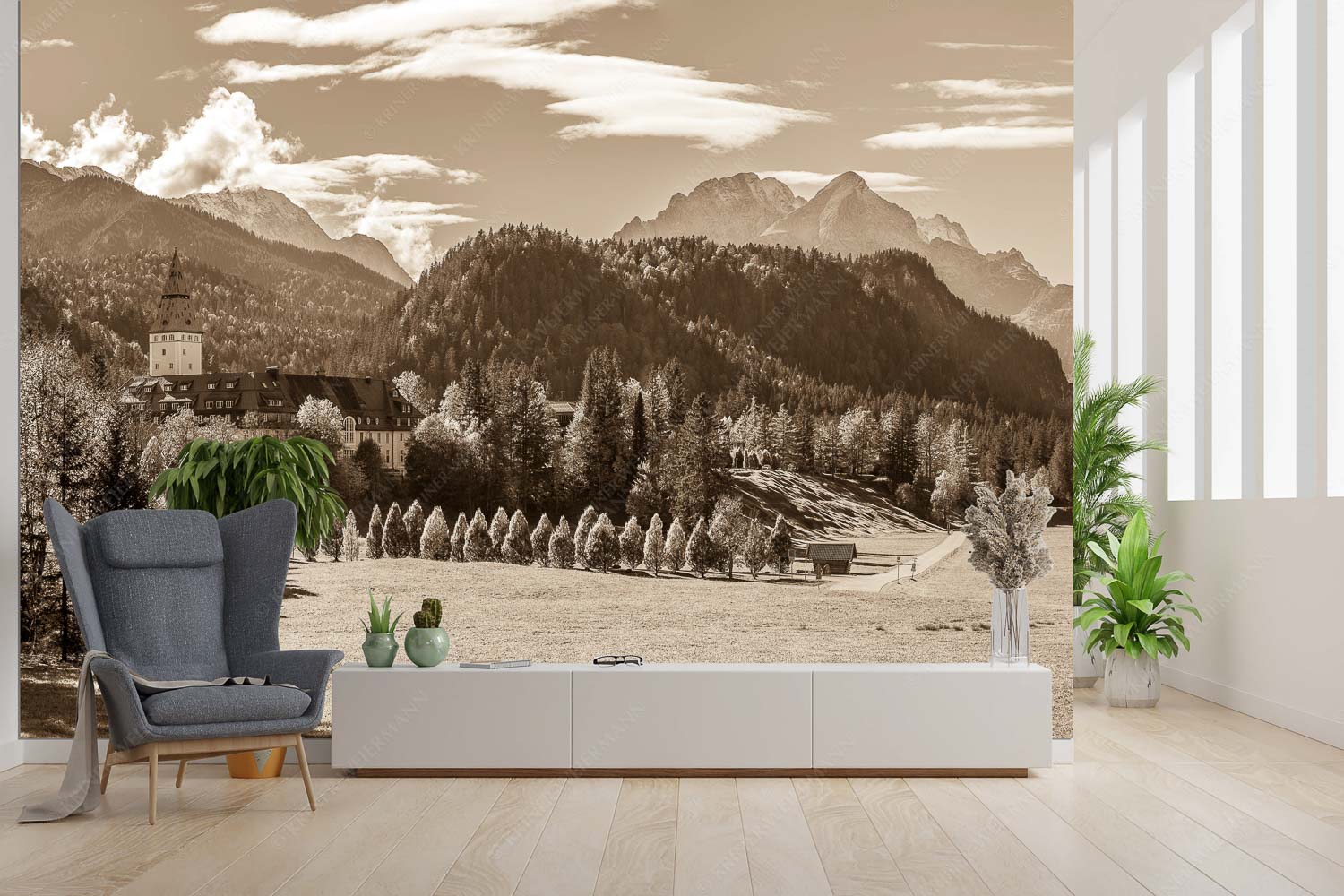 Schlossallee – Größe ca. 300x200cm, Seitenverhältnis 3:2 — Schloss Elmau mit Alpspitze Blick über Schloss Elmau zum Wettersteingebirge mit Hochblassen und Alpspitze - Schlossallee - Größe ca. 300x200cm, Seitenverhältnis 3:2 - Schloss Elmau mit Alpspitze - weitere Infos unter https://www.kriner-weiermann.de