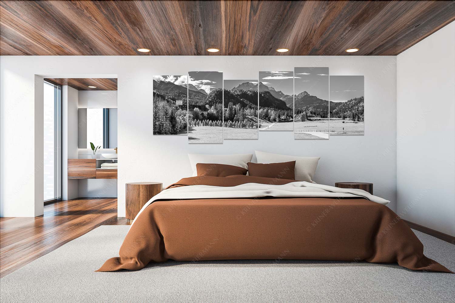 Blick über Schloss Elmau zum Wettersteingebirge mit Hochblassen und Alpspitze - Schlossallee - 6er Split, Größe ca. 280x112cm, Seitenverhältnis 2,5:1 - Schloss Elmau mit Alpspitze - weitere Infos unter https://www.kriner-weiermann.de