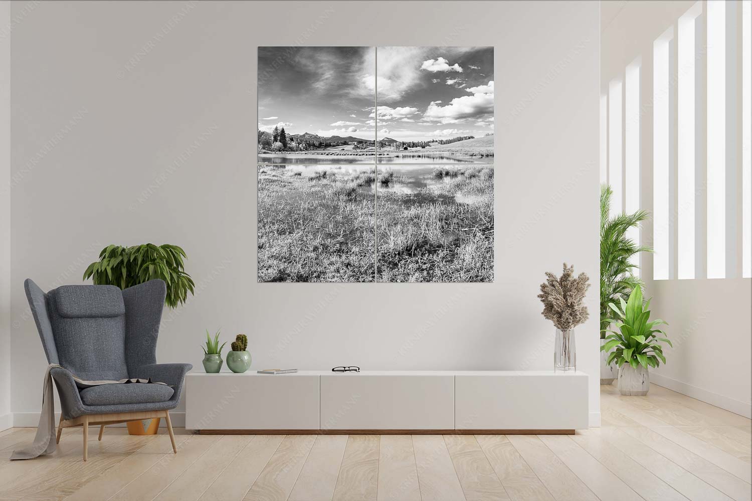 Schmalensee Süd – 4er Split, Größe ca. 180x180cm, Seitenverhältnis 1:1 — Simetsberg und Krottenkopf Blick über den Schmalensee zum Estergebirge - Schmalensee Süd - 4er Split, Größe ca. 180x180cm, Seitenverhältnis 1:1 - Simetsberg und Krottenkopf - weitere Infos unter https://www.kriner-weiermann.de