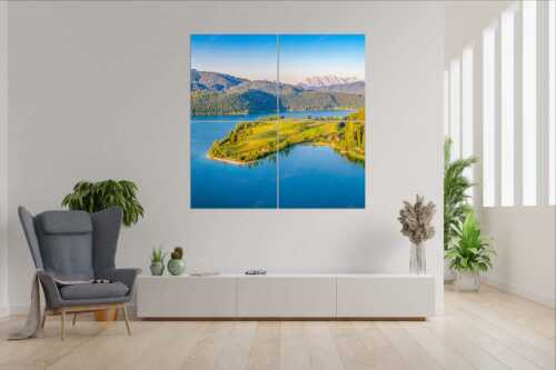 Blick über die Halbinsel Zwergern am Walchensee zum Wettersteingebirge - Schönes Bayern - 4er Split, Größe ca. 180x180cm, Seitenverhältnis 1:1 - Walchensee - weitere Infos unter https://www.kriner-weiermann.de