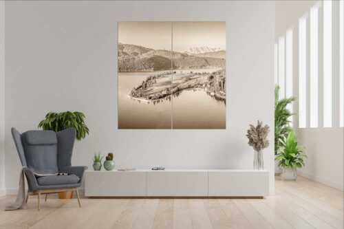 Blick über die Halbinsel Zwergern am Walchensee zum Wettersteingebirge - Schönes Bayern - 4er Split, Größe ca. 180x180cm, Seitenverhältnis 1:1 - Walchensee - weitere Infos unter https://www.kriner-weiermann.de